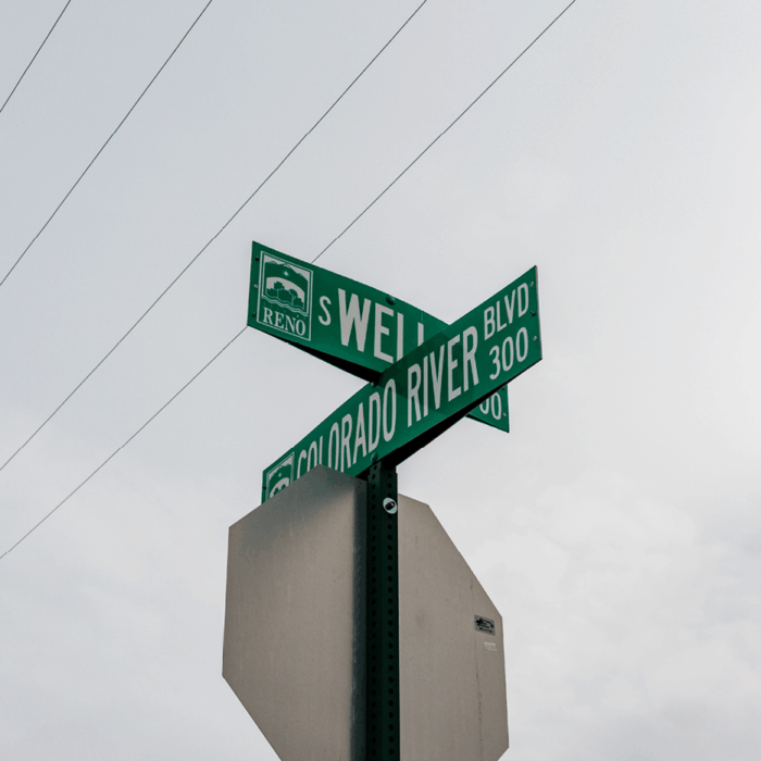 Street signs signifying Wells Avenue and Colorado River Boulevard.